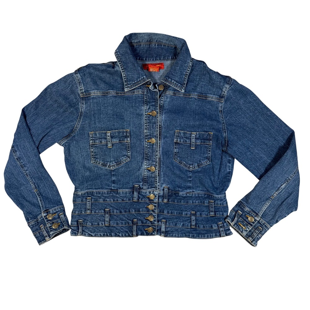 Y2K‎ Indie Western Blue Denim Jean Jacket Cropped Tiered Waist Crest Button Sz L